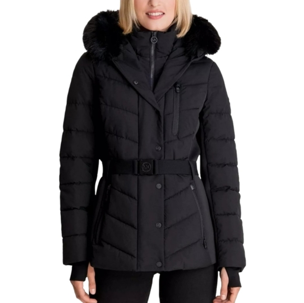 Michael Kors Warm Comfy black long puffer coat faux fur trim plus size 1X NEW!!!